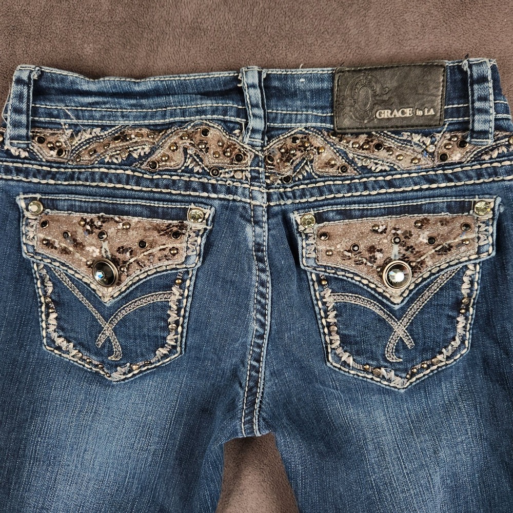 Grace in LA Bootcut Jeans Women 27 Blue Dark Wash Embellished Low Rise Y2K Bling